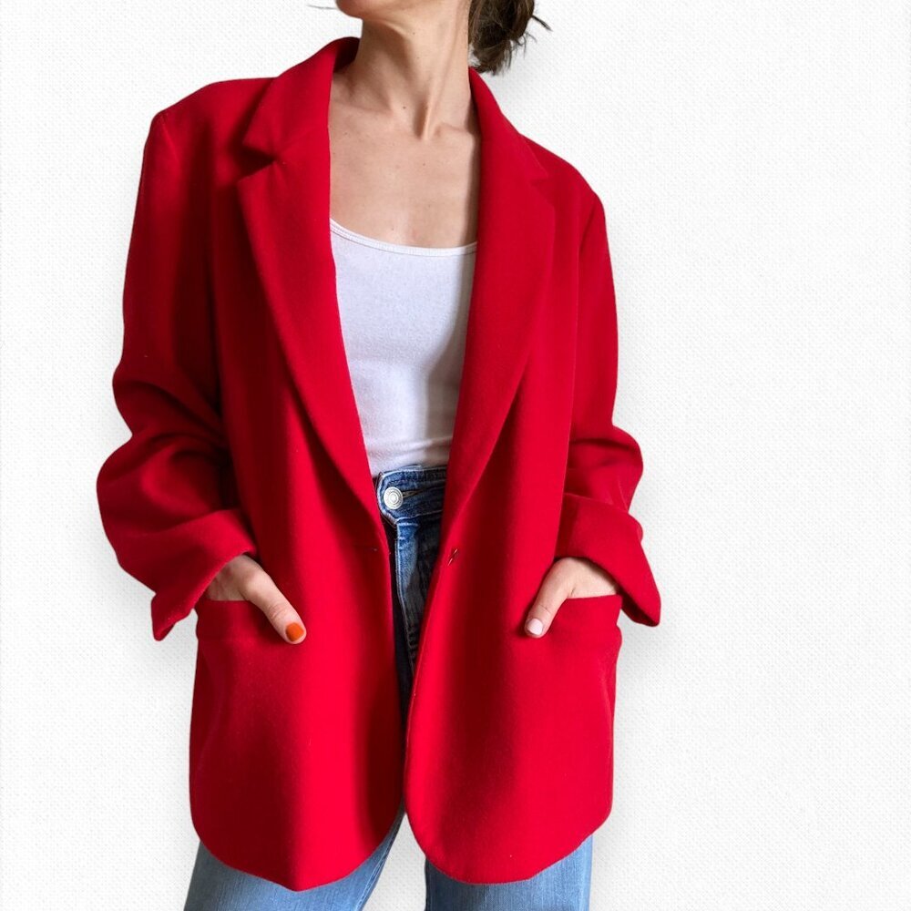 Vintage Cashmere Wool Blazer Jacket Coat Red Scarlett Elegant Size Large